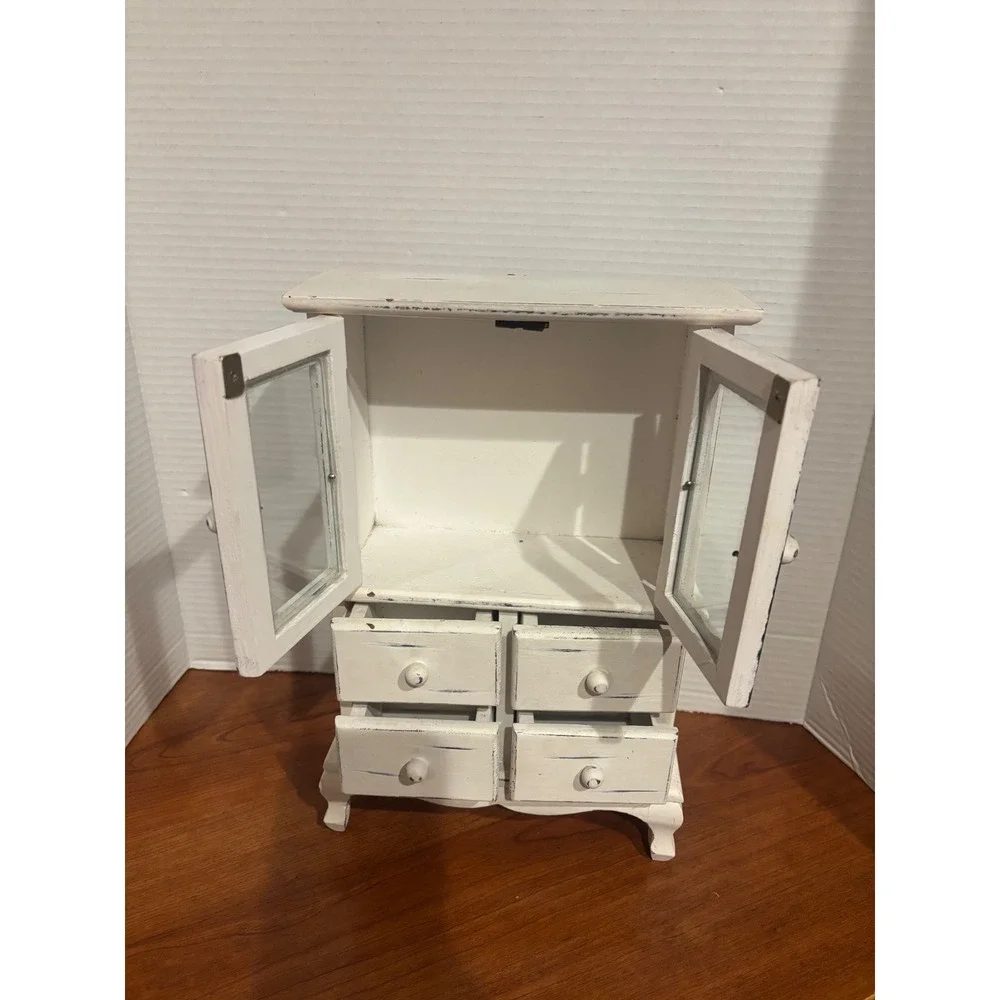Vintage Shabby Chic Miniature Armoire Jewelry Box White Distressed Wood Cabinet